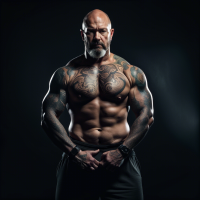 A strong man with an athletic body and magnetic confidence, a 42-year-old heavy lifter with a tattoo who works out.